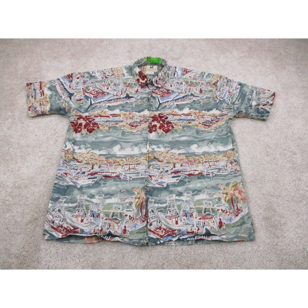 Kahala Shirt Mens Large L Beach Fishing Graphic Print Hawaiian Cotton Button Up